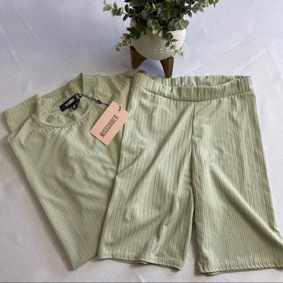 Missguided Pants - MISSGUIDED ribbed T-Shirt +cycle shorts set sage 4